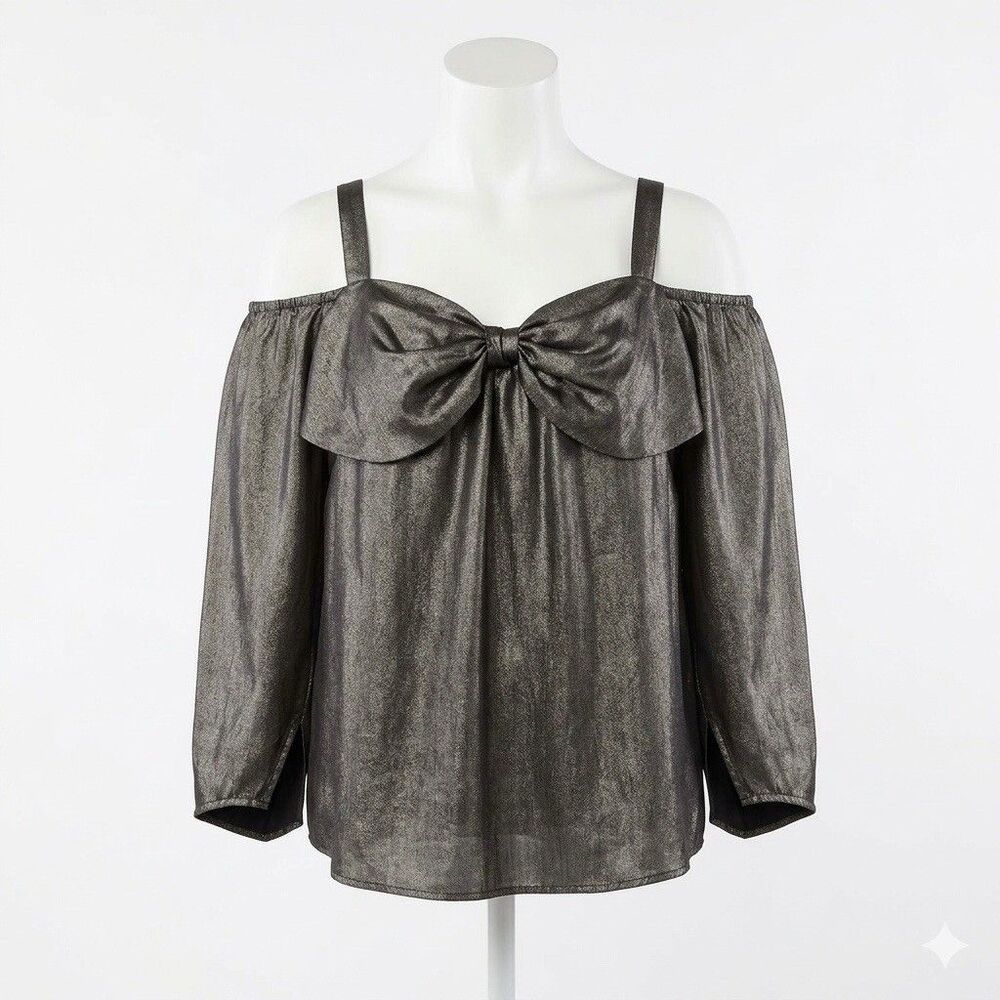 Eloquii 24 Top Metallic Gray Bow Front Cold Shoulder Party Evening Elegance